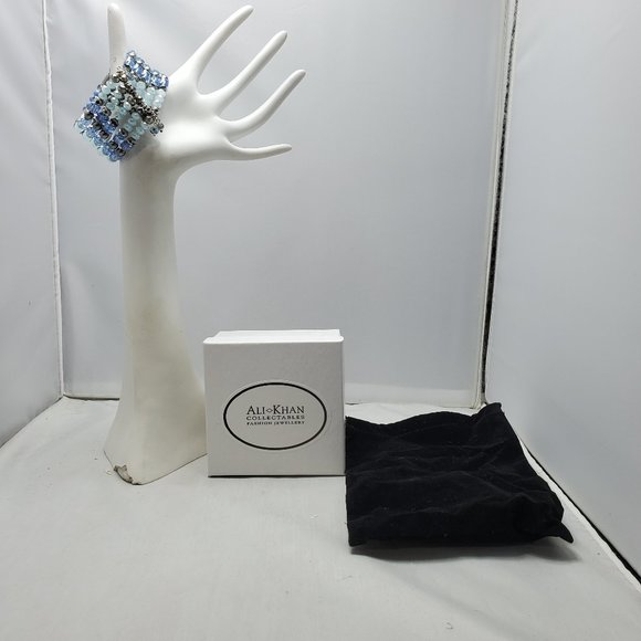 Ali Khan 5 row glass pearl Blue beaded wired wrap opened bracelet - Picture 2 of 7